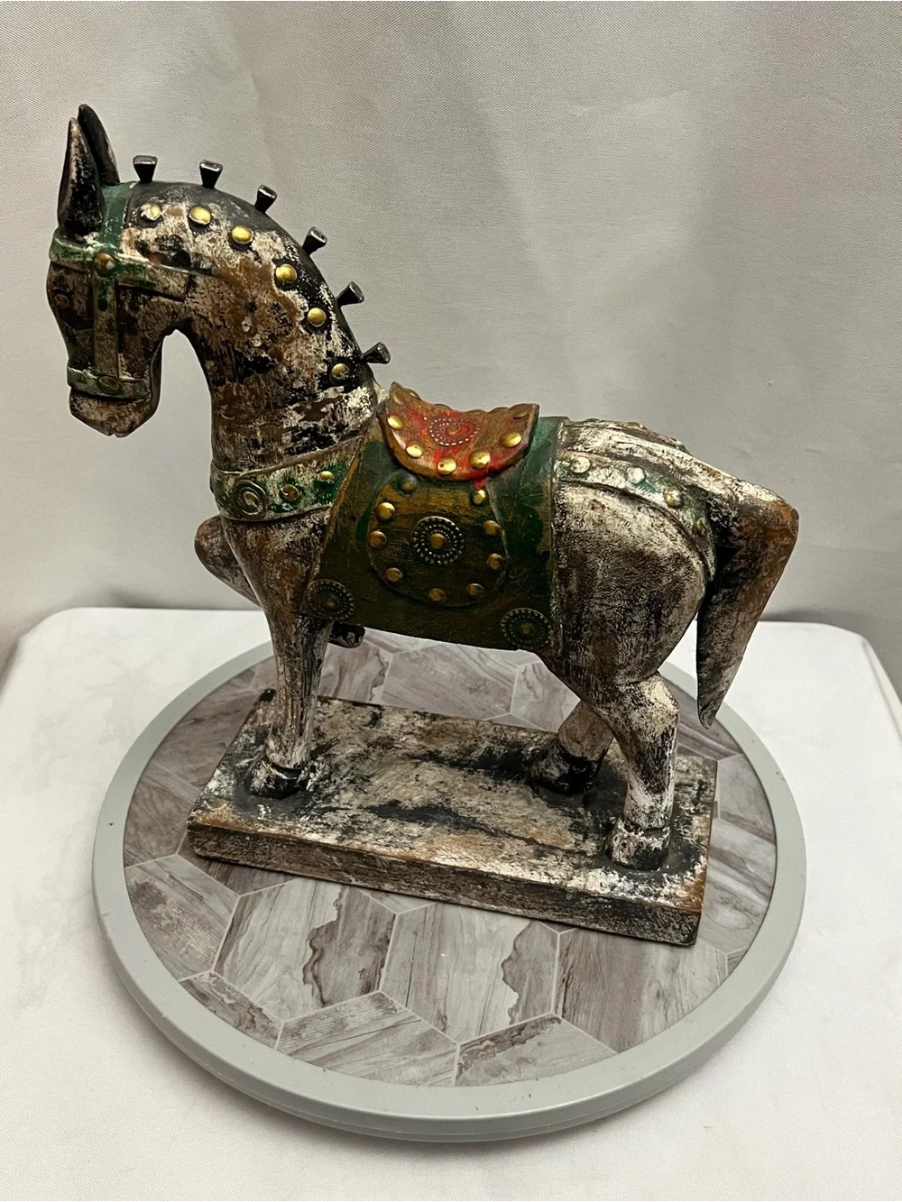 Pier 1 Rustic Distressed Wooden Horse Figurine Statue Green Gold Decor 12”